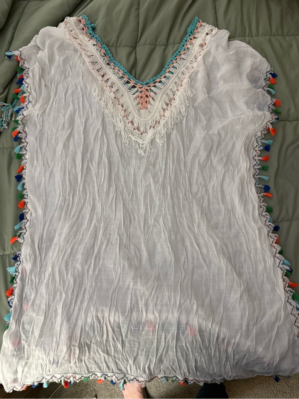 Unk White Sheer Crochet Trim Swim Coverup with Multicolor Tassels